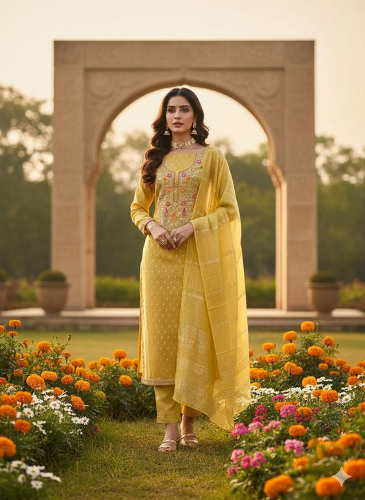 Mustard Color Beautiful Shimmer Jacquard Fabric Designer Ethnic Salwar Kameez