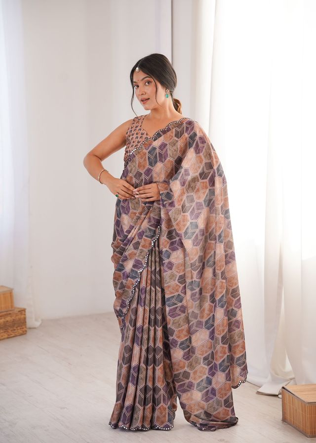 Multy Color Chinon Fabric Digital Printed Partywear Ceremonial Saree
