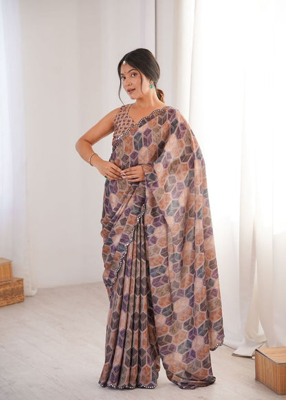Multy Color Chinon Fabric Digital Printed Partywear Ceremonial Saree
