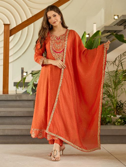Women's Gorgeous Embroidery Vichitra Silk Fabric Flared Kurta, Pant and Dupatta Set