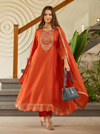 Women's Gorgeous Embroidery Vichitra Silk Fabric Flared Kurta, Pant and Dupatta Set