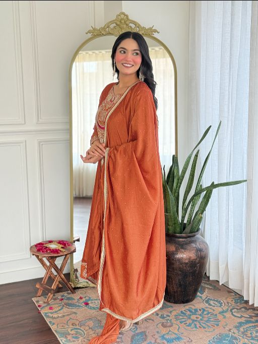 Women's Gorgeous Embroidery Vichitra Silk Fabric Flared Kurta, Pant and Dupatta Set 720