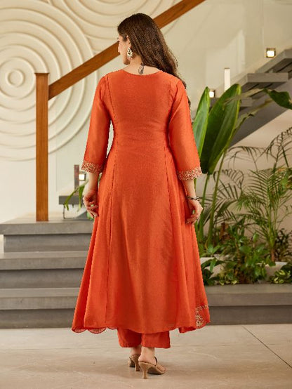 Women's Gorgeous Embroidery Vichitra Silk Fabric Flared Kurta, Pant and Dupatta Set
