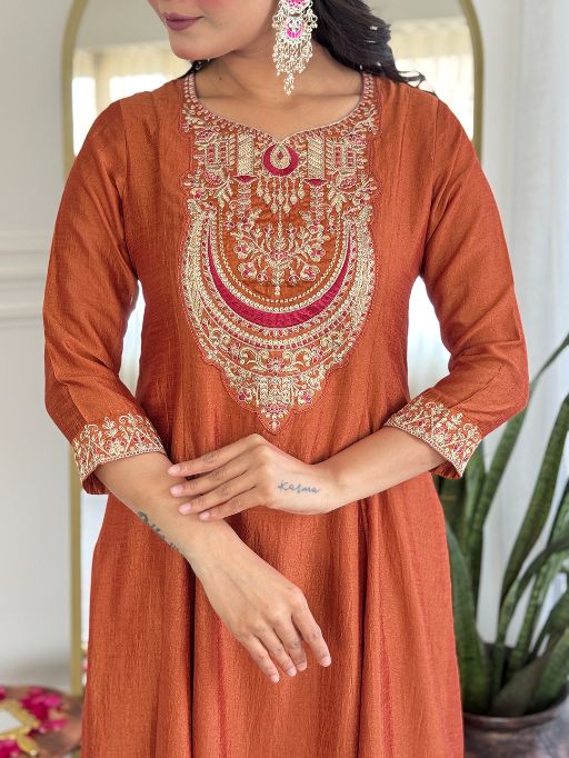Women's Gorgeous Embroidery Vichitra Silk Fabric Flared Kurta, Pant and Dupatta Set 720