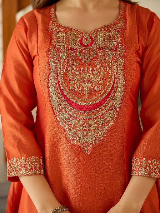 Women's Gorgeous Embroidery Vichitra Silk Fabric Flared Kurta, Pant and Dupatta Set