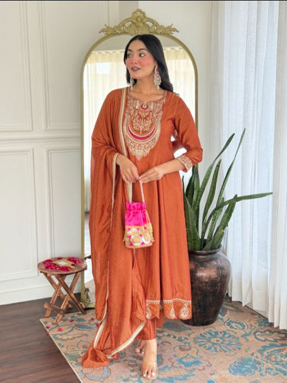 Women's Gorgeous Embroidery Vichitra Silk Fabric Flared Kurta, Pant and Dupatta Set 720