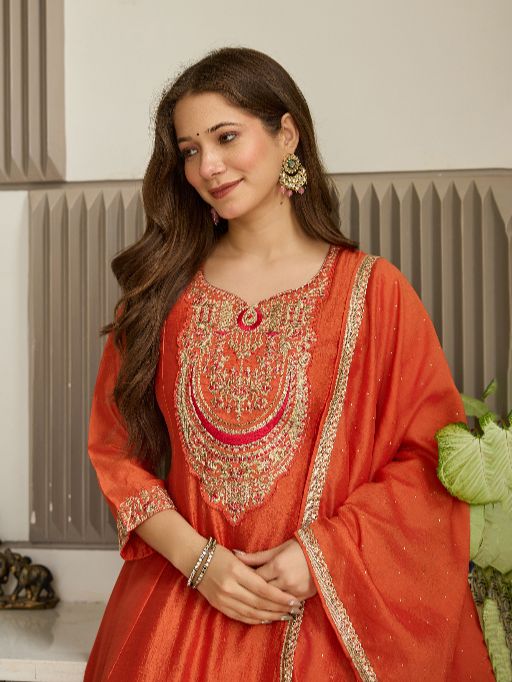 Women's Gorgeous Embroidery Vichitra Silk Fabric Flared Kurta, Pant and Dupatta Set