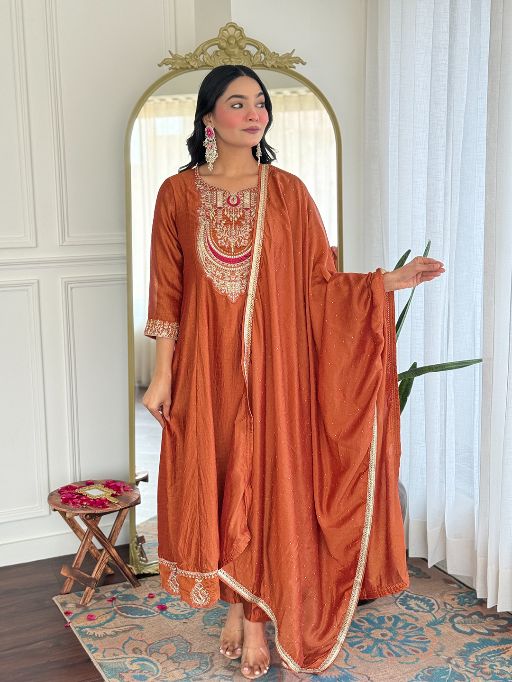 Women's Gorgeous Embroidery Vichitra Silk Fabric Flared Kurta, Pant and Dupatta Set 720