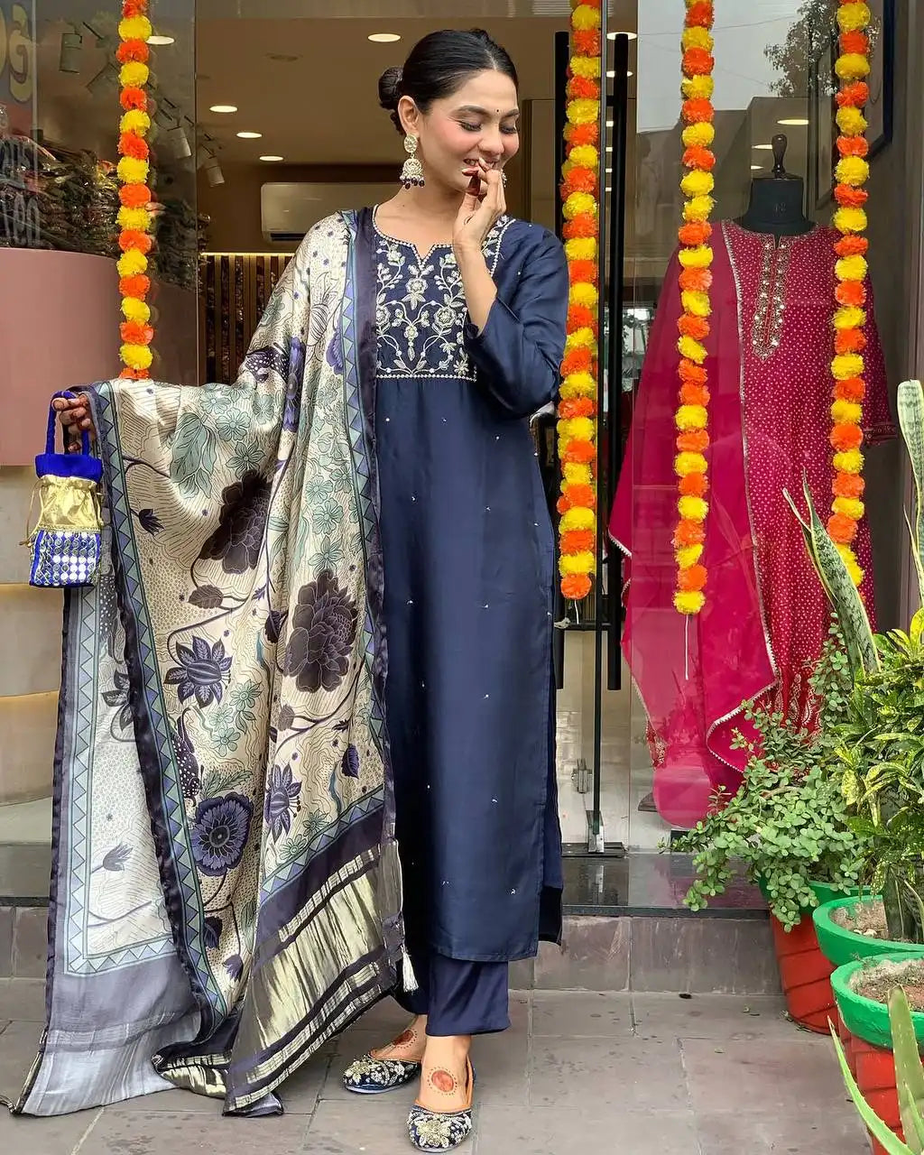 Women's Beautiful Viscose Chanderi Fabric Embroidery Work Straight Kurta Pant and Dupatta Set Navy