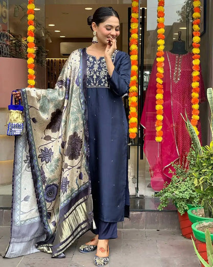 Women's Beautiful Viscose Chanderi Fabric Embroidery Work Straight Kurta Pant and Dupatta Set Navy