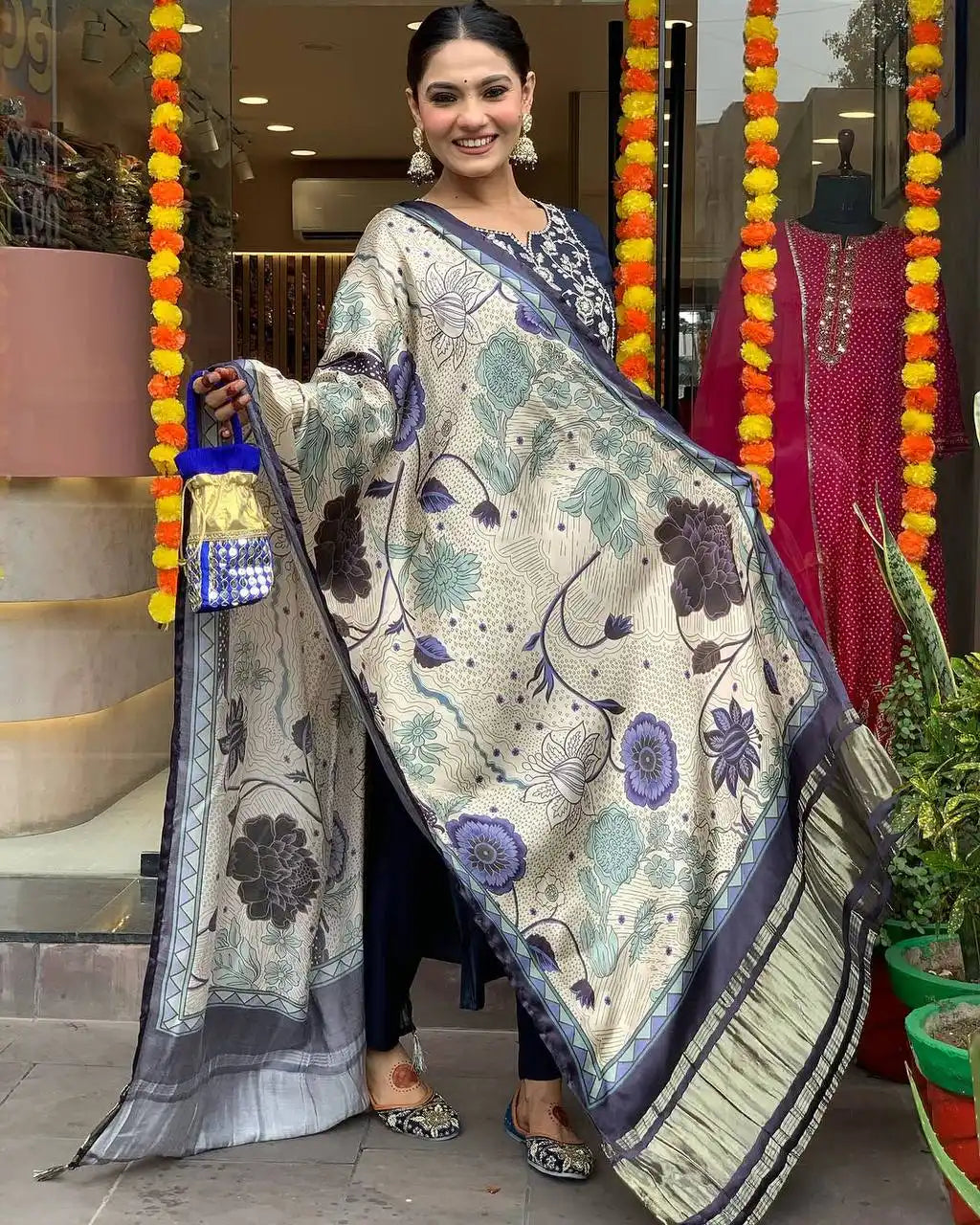 Women's Beautiful Viscose Chanderi Fabric Embroidery Work Straight Kurta Pant and Dupatta Set Navy