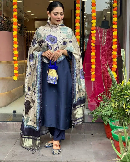 Women's Beautiful Viscose Chanderi Fabric Embroidery Work Straight Kurta Pant and Dupatta Set Navy