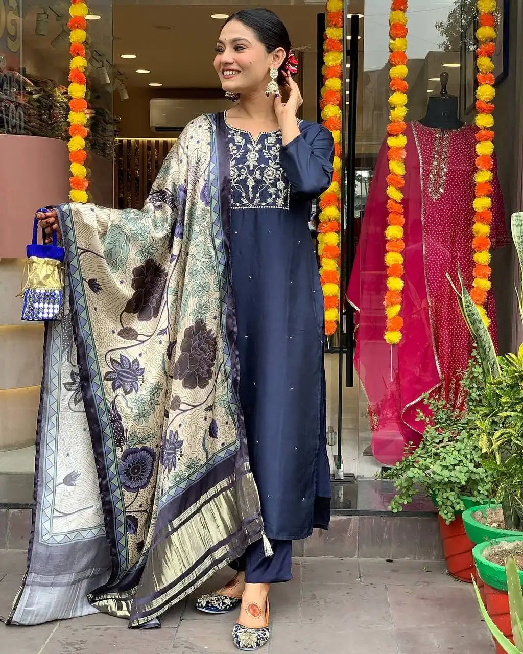 Women's Beautiful Viscose Chanderi Fabric Embroidery Work Straight Kurta Pant and Dupatta Set Navy