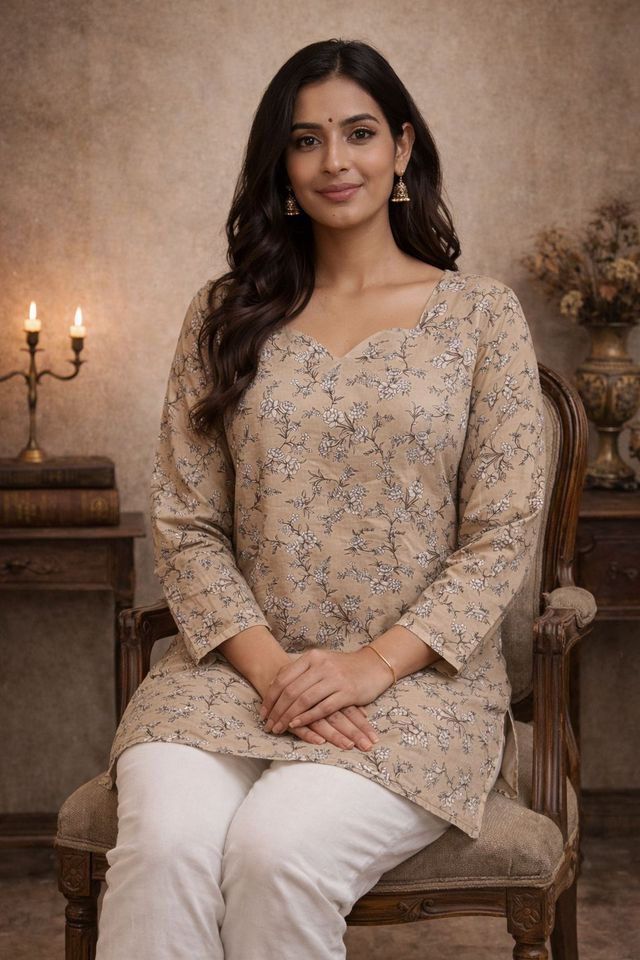 Beige Color Designer Digital Printed Formal Rich Looks Kurta For Girls