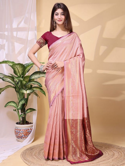 Peach Color Lichi Silk Fabric Beautiful Woven Designer Saree