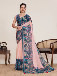 Peach Color Linen Silk Fabric Beautiful Partywear Saree