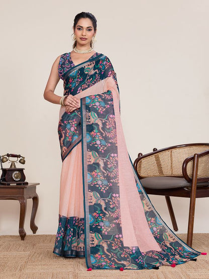 Peach Color Linen Silk Fabric Beautiful Partywear Saree