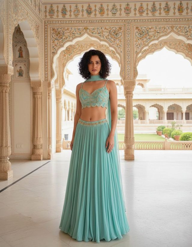 Mint Green Embroidered Lehenga Set with Dupatta HKV-0050 GREEN