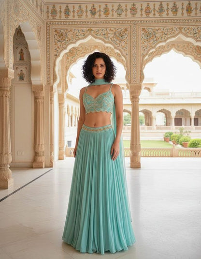 Mint Green Embroidered Lehenga Set with Dupatta HKV-0050 GREEN