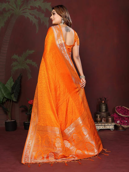 Orange Color Satin Silk Fabric Woven Jari Designer Sophisticated Saree