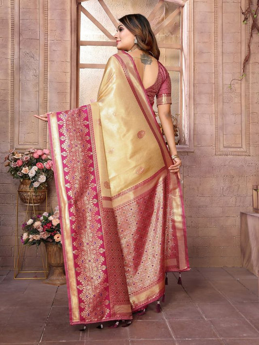 Cream Color Banarasi Tissue Silk Ethnic Jacquard Weving Designer Ceremonial Saree