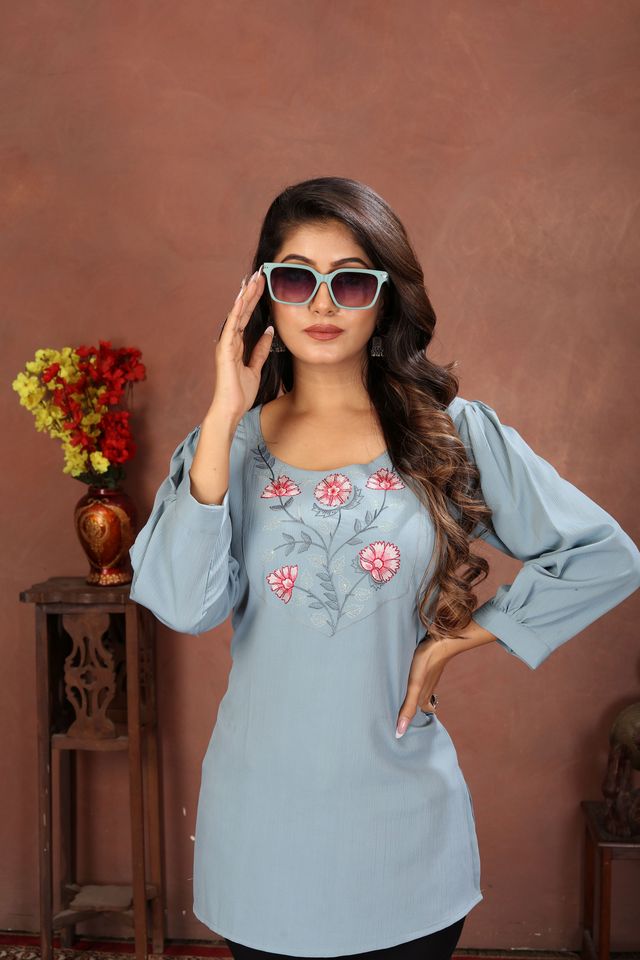 Sky Blue Color Rinkal Cotton Fabric Formal Looking Casual Short Kurta