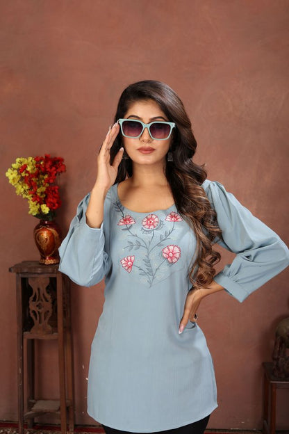 Sky Blue Color Rinkal Cotton Fabric Formal Looking Casual Short Kurta