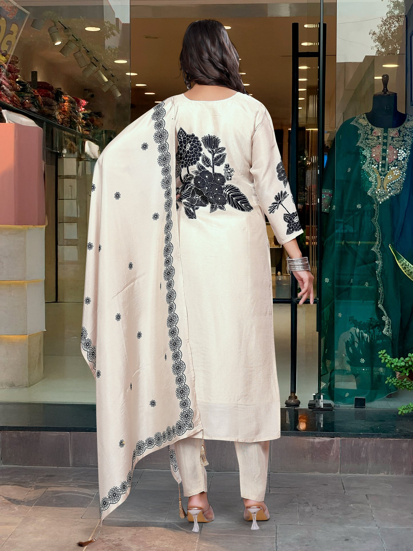 Women's Chinnon Fabric Staight Kurta, Pant and Dupatta Set