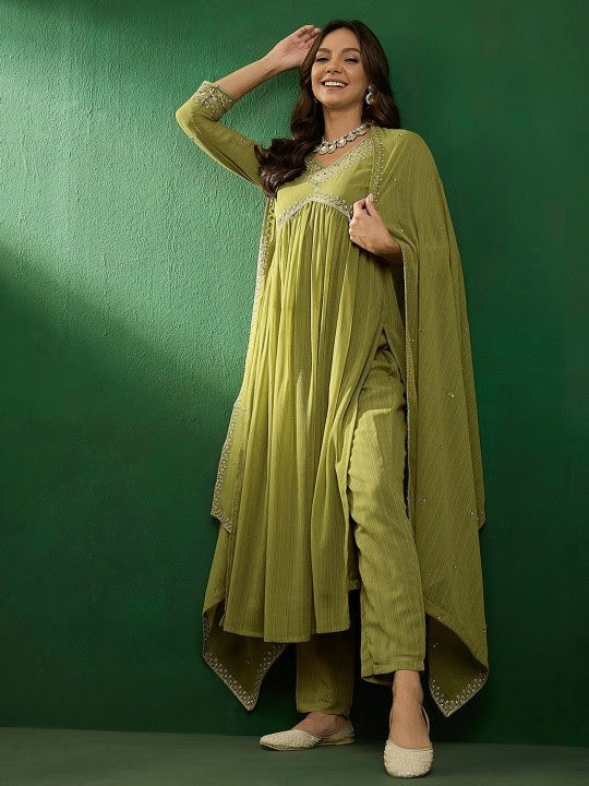 Women's Beautiful Georgette Fabric Embroidery Work Straight Kurta Pant and Dupatta Set