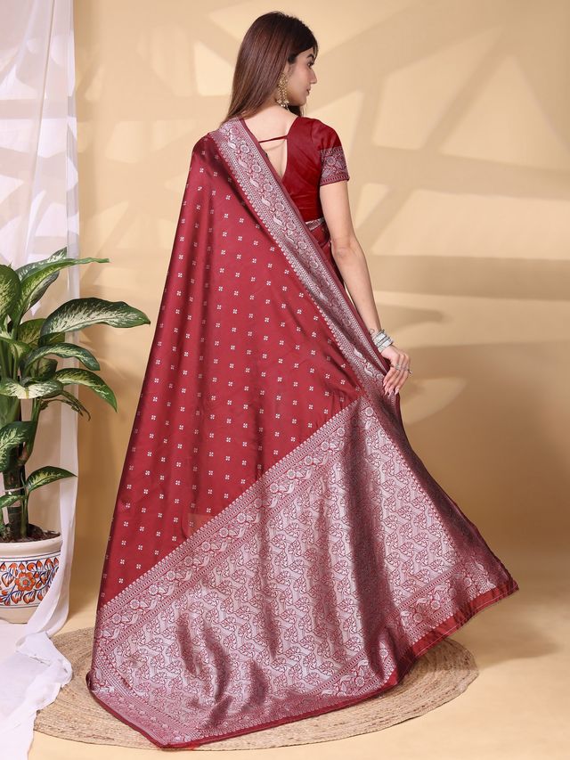 Maroon Color Lichi Silk Fabric Beautiful Woven Designer Saree