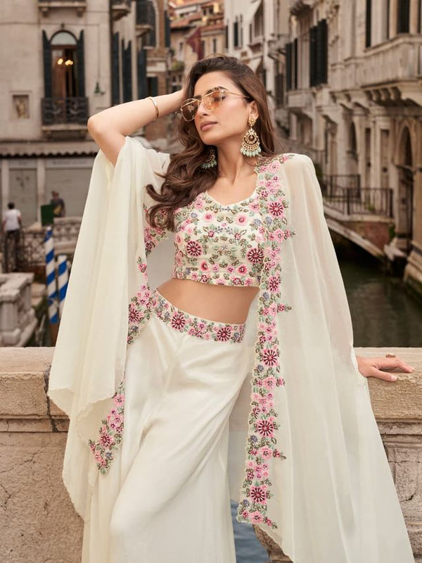 White Chinon Silk Indowestern Crop Top, Skirt And Shrug Set Free Size Full Stitched Upto 42