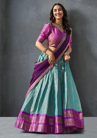 Skyblue South-style Kanchipuram silk lehenga With Unstitched Blouse & Dupatta