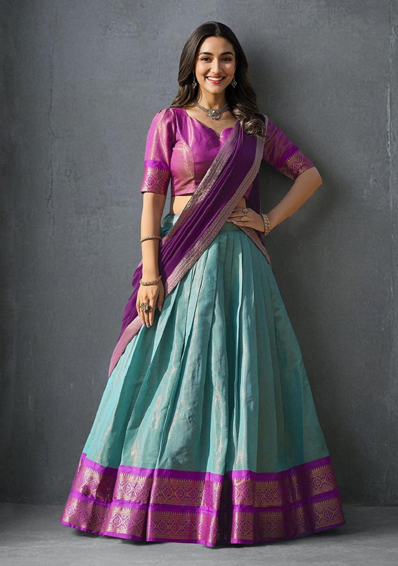 Skyblue South-style Kanchipuram silk lehenga With Unstitched Blouse & Dupatta