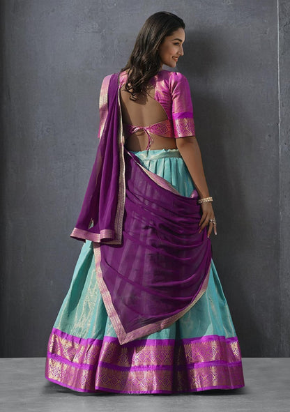 Skyblue South-style Kanchipuram silk lehenga With Unstitched Blouse & Dupatta