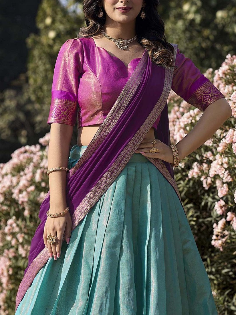 Skyblue South-style Kanchipuram silk lehenga With Unstitched Blouse & Dupatta