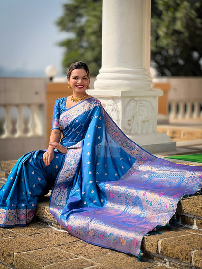 Skyblue Soft Banarasi Silk Meenakari Weaving Saree With Unstitched Blouse
