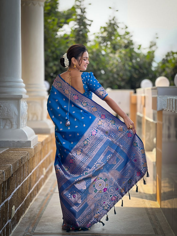 Skyblue Soft Banarasi Silk Meenakari Weaving Saree With Unstitched Blouse