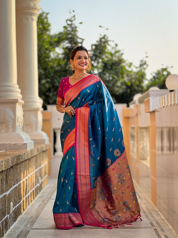 Skyblue Soft Paithani Silk Meenakari Weaving Saree With Unstitched Blouse
