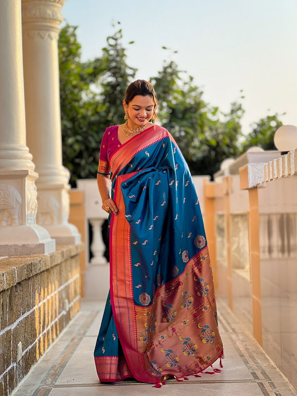 Skyblue Soft Paithani Silk Meenakari Weaving Saree With Unstitched Blouse