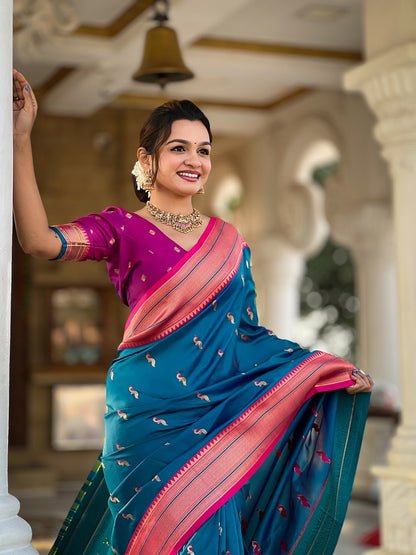 Skyblue Soft Paithani Silk Meenakari Weaving Saree With Unstitched Blouse