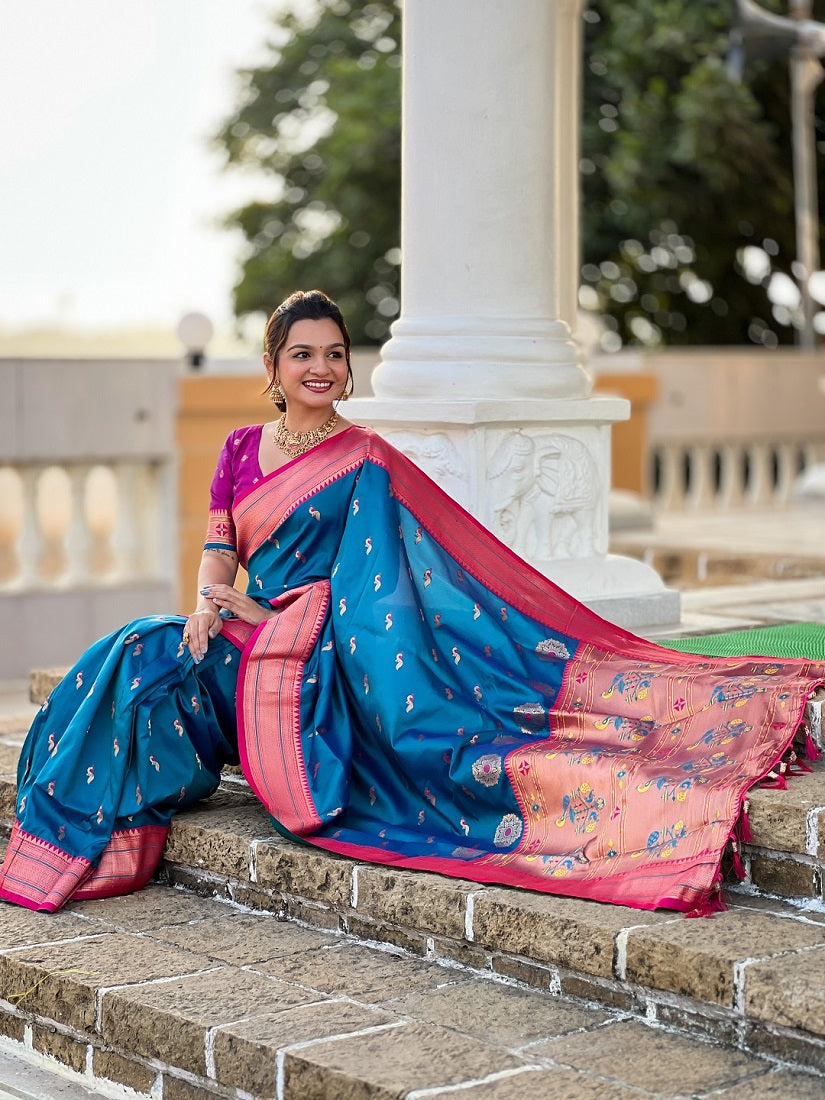 Skyblue Soft Paithani Silk Meenakari Weaving Saree With Unstitched Blouse