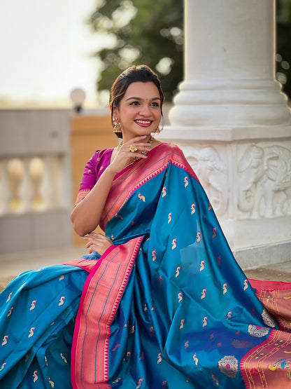 Skyblue Soft Paithani Silk Meenakari Weaving Saree With Unstitched Blouse