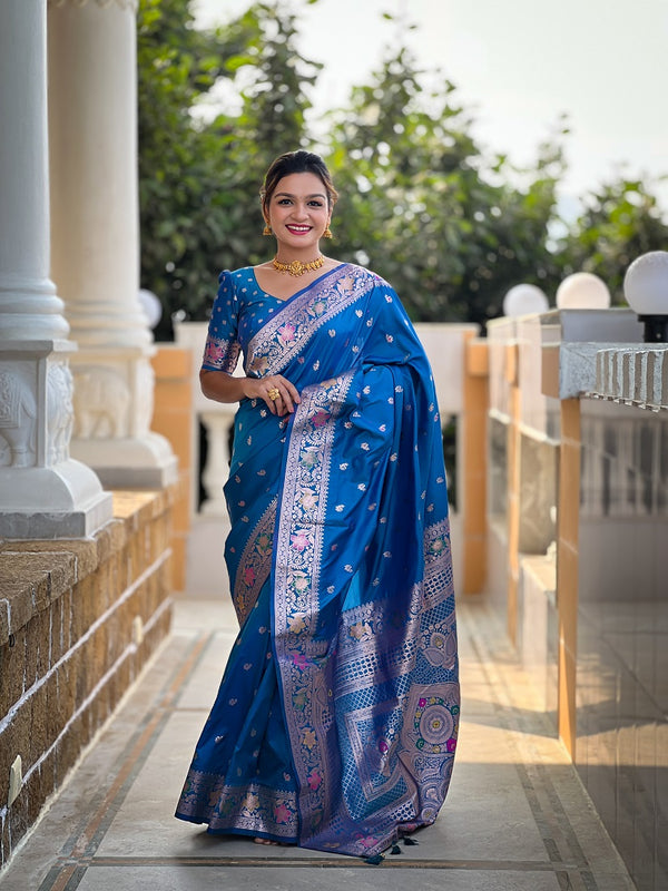 Skyblue Soft Banarasi Silk Meenakari Weaving Saree With Unstitched Blouse