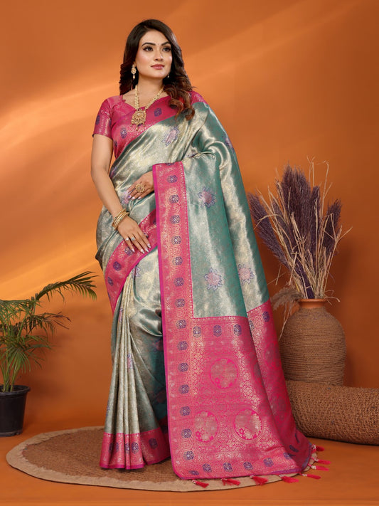 Light Blue Banarasi Tissue Silk Saree With Weaving Work