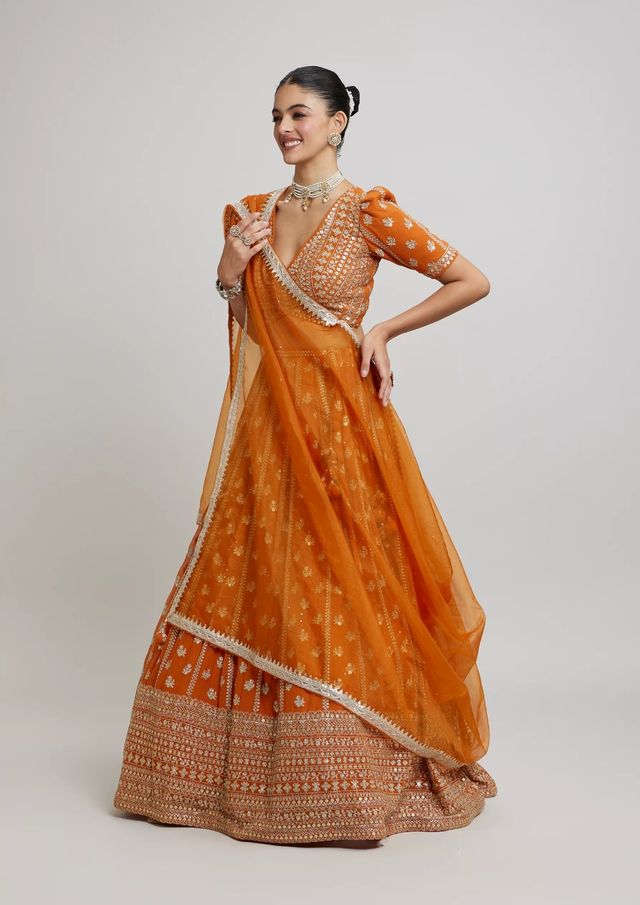 Leheriya Style Lehenga Choli with Embroidered Dupatta HKV-003650-ORANGE