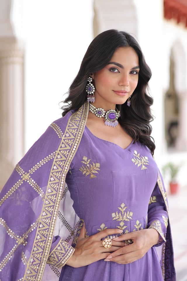 Lavender Color Silver Crunchy Fabric Sequins Embroidered Wedding Ceremonial Sharara Suit