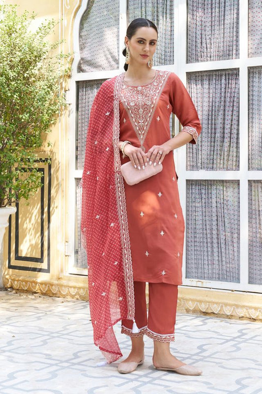 Peach Color Silk Blend Fabric Beautiful Embroidered Kurta Set With Dupatta