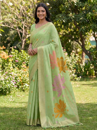 Green Color Linen Cotton Fabric Woven Designer Partywear Saree