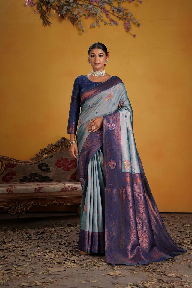 Blue Color Beautiful Art Silk Fabric Woven Jacquard Designer Saree