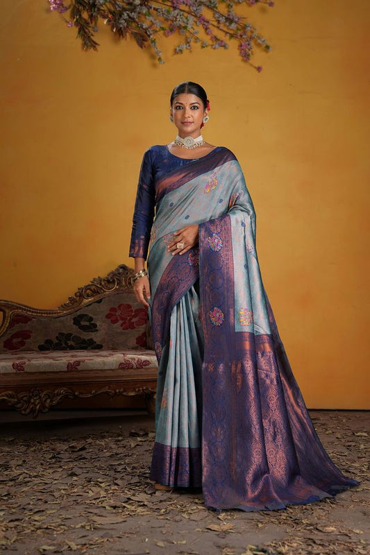 Blue Color Beautiful Art Silk Fabric Woven Jacquard Designer Saree